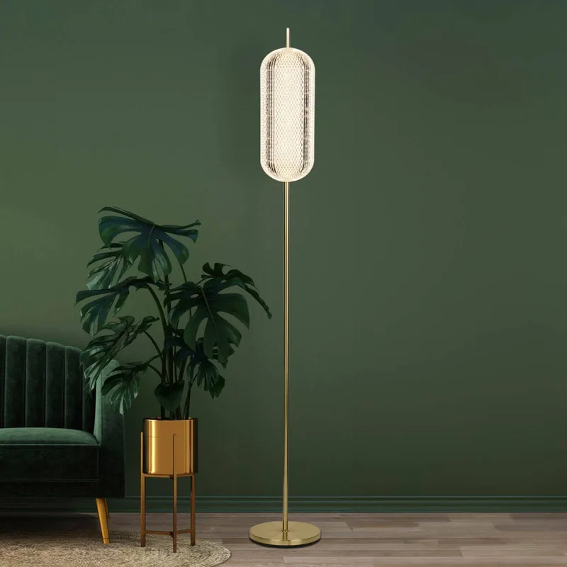 Capsule LED vloerlamp, messingkleurig, ijzer, acryl by Searchlight in Brass, Transparent – product photo
