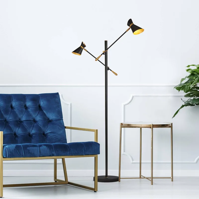 Diablo LED vloerlamp, zwart/goud, metaal, verstelbaar de Searchlight en Noir, Or – photo produit