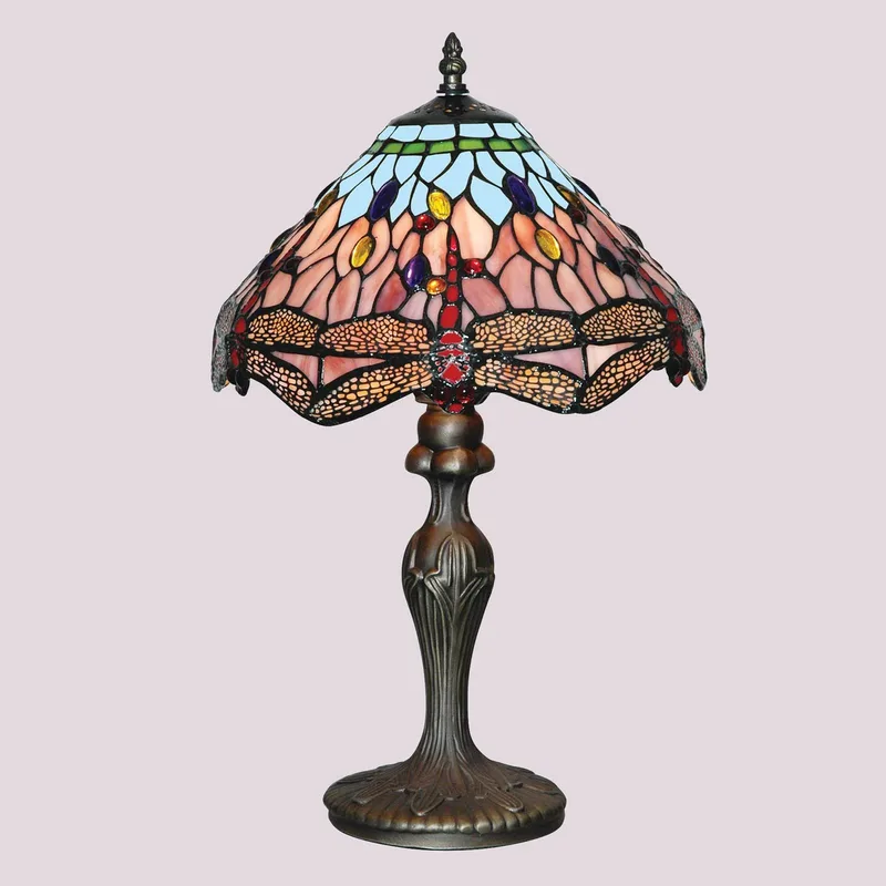 DRAGONFLY tafellamp, antiek messing/kleurig, hoogte 46 cm, Tiffany by Searchlight in Antiek messing, Blue, Barnsteen – product photo