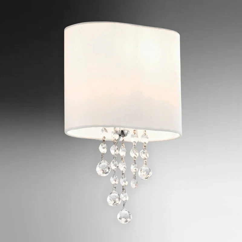 Eenvoudige wandlamp NINA met stoffen kap de Searchlight en Chrome, Blanc, Helder – photo produit