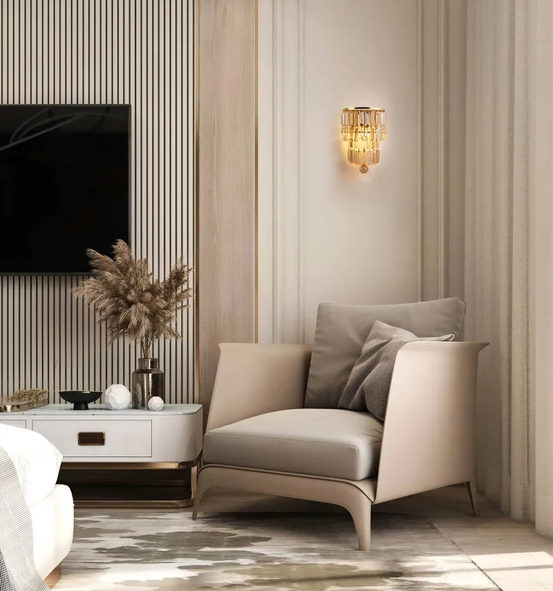 Empire wandlamp, messing/amber, kristalglas, staal, IP44 by Searchlight in Brass, Barnsteen – product photo