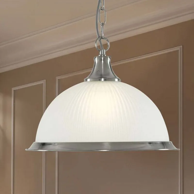 Hanglamp American Diner zilver satijn 1-lamp de Searchlight en Zilver gesatineerd, Opaalwit – photo produit