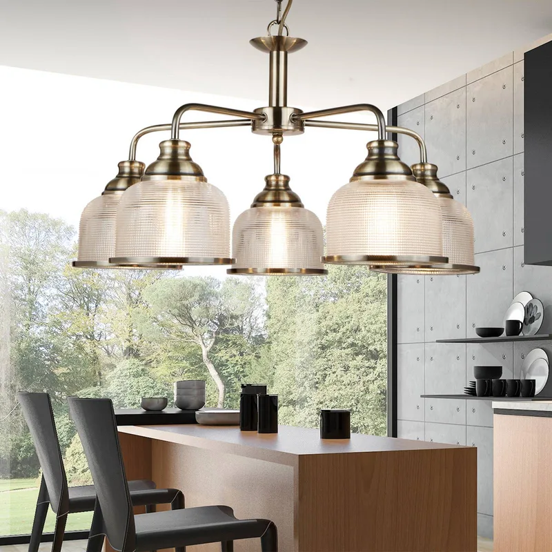 Hanglamp Bistro II 5-lamps messing/ribbelglas de Searchlight en Laiton, Transparent – photo produit