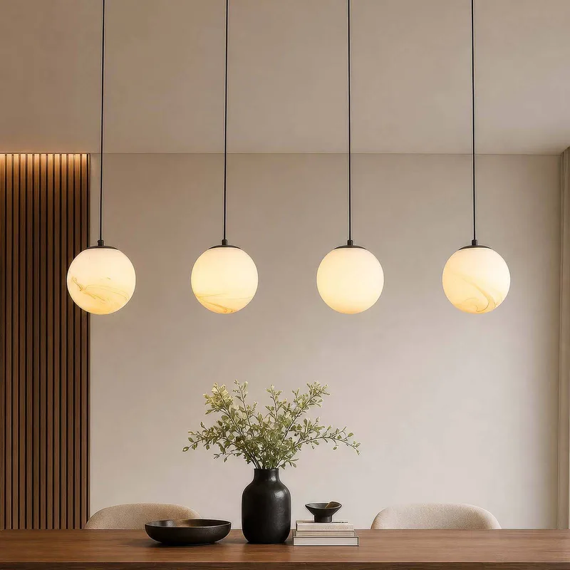 Hanglamp Carrara, 4-lamps, lang, bruin, gemarmerd glas de Searchlight en Marron, Crème – photo produit
