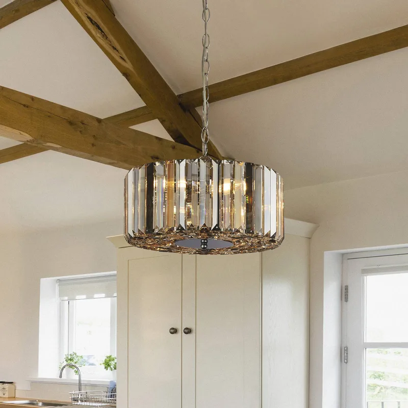 Hanglamp Chapeau met kristalbezetting, Ø 35 cm de Searchlight en Chrome, Helder, Rookgrijs, Barnsteen, Blanc – photo produit
