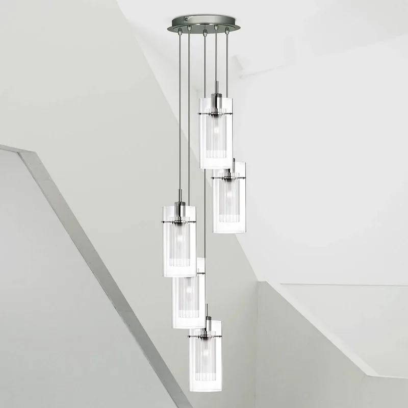 Hanglamp Duo 1 rond, 5-lamps de Searchlight en Chrome, Helder, Mat – photo produit