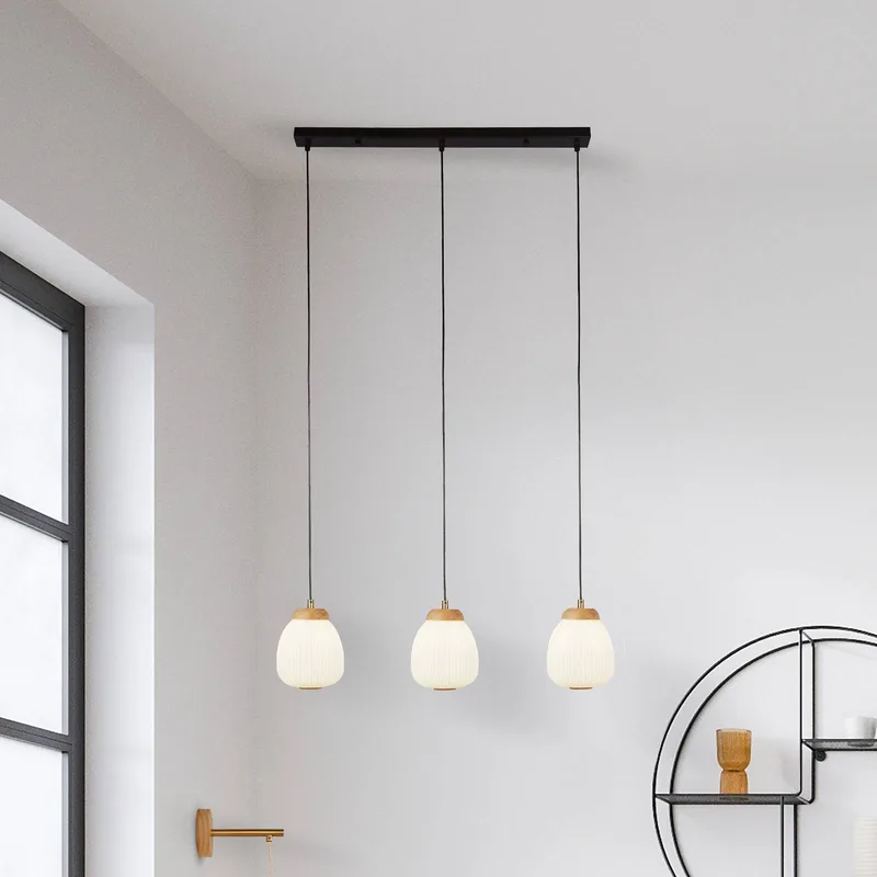 Hanglamp Ella, 3-lamps de Searchlight en Licht hout, Blanc, Noir – photo produit