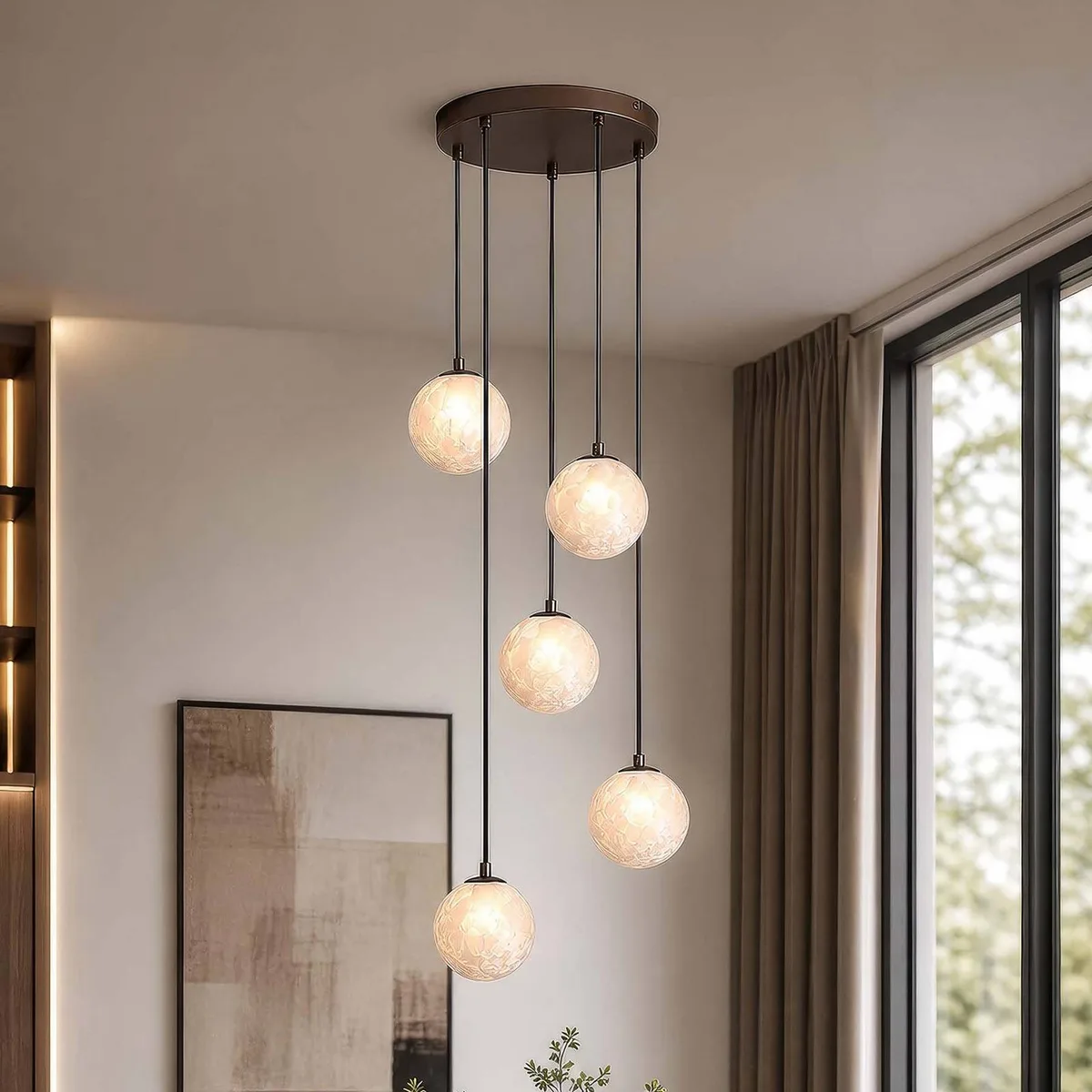 Hanglamp Frosty, 5-lamps, rond, brons, matglas, G9 de Searchlight en Bronze, Wit gesatineerd – photo produit