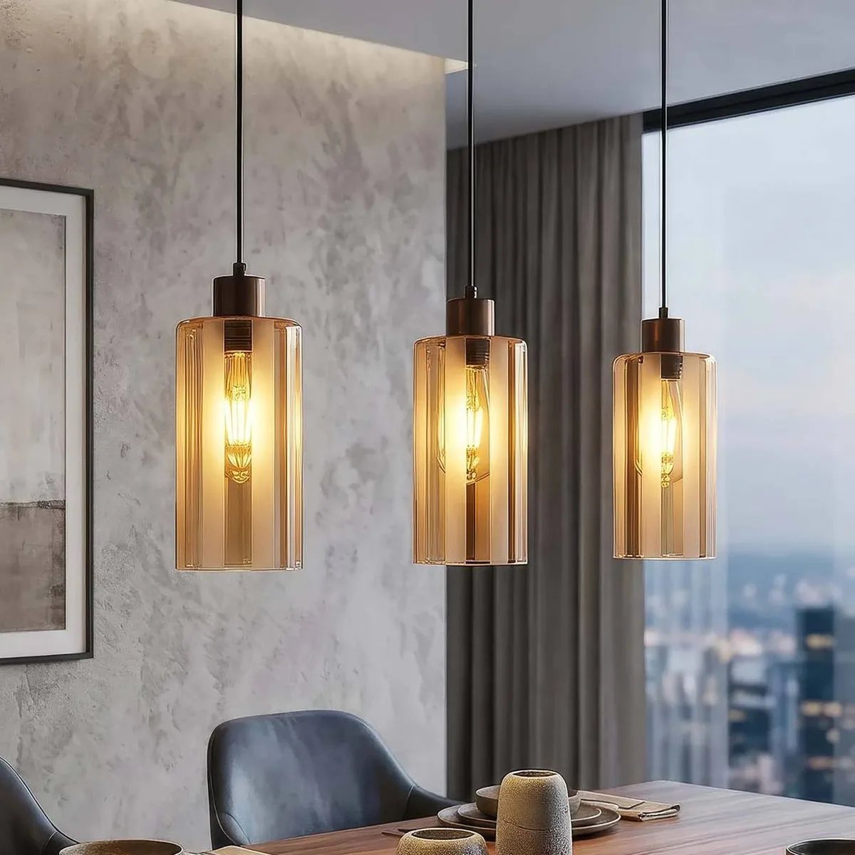 Hanglamp Kent, 3-lamps lang, brons, glas, E27 fra Searchlight i Bronze, Bruin getint – produktbillede