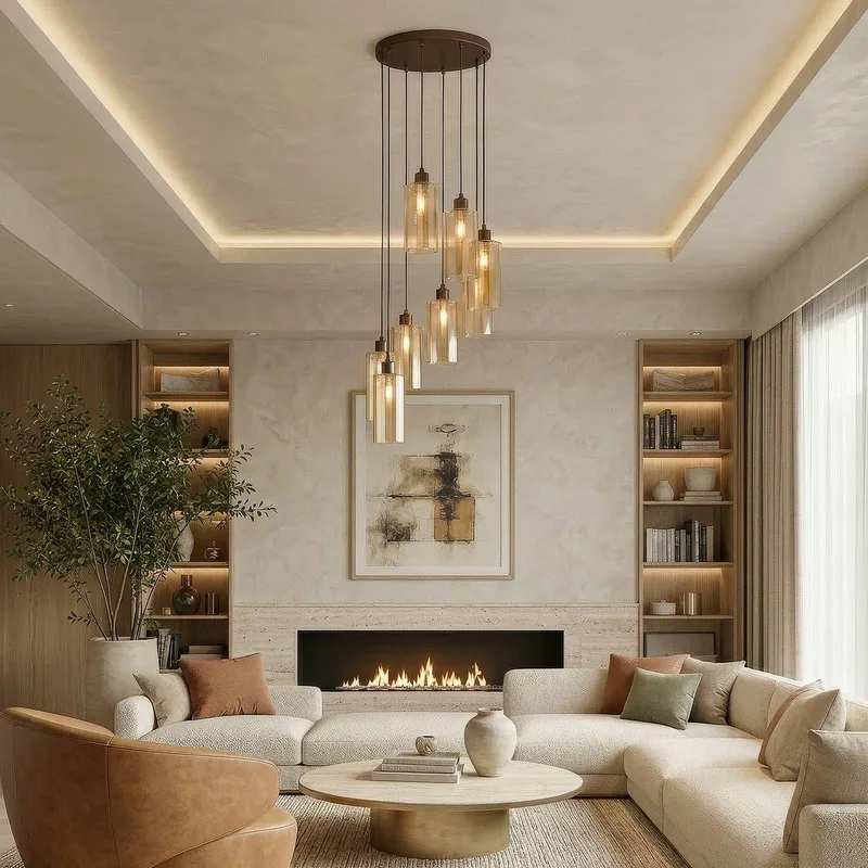 Hanglamp Kent, 8-lamps, rond, brons, glas, E27 fra Searchlight i Bronze, Bruin getint – produktbillede