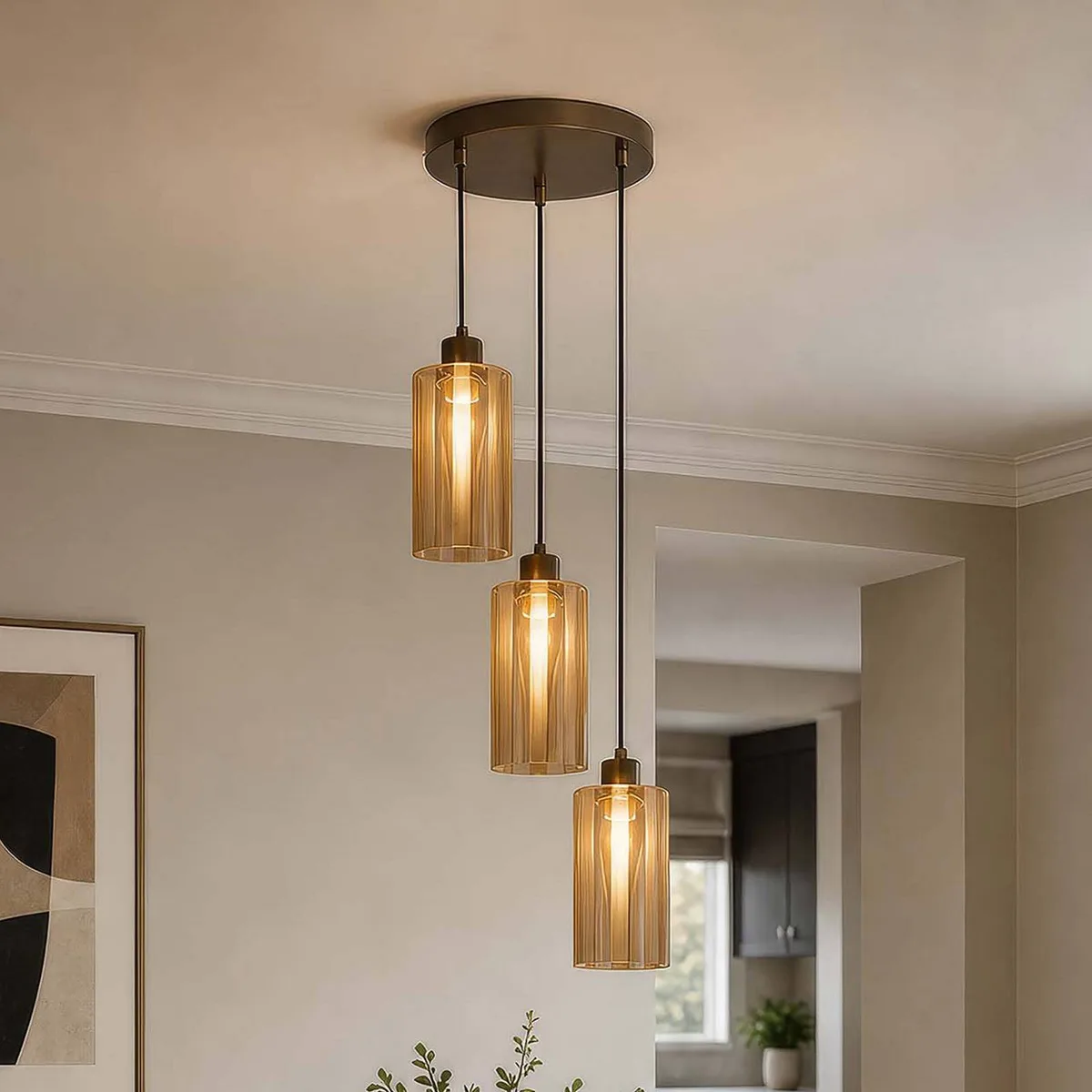 Hanglamp Kent, rond, met 3-lamps, brons, glas, E27 fra Searchlight i Bronze, Bruin getint – produktbillede