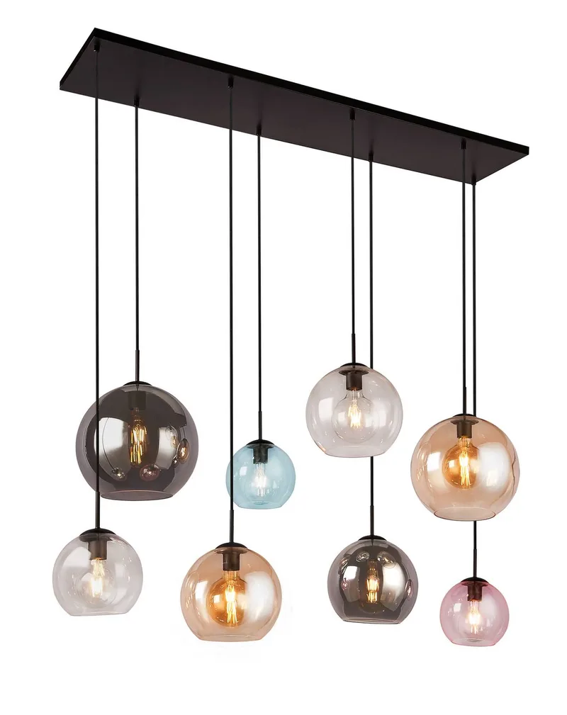 Hanglamp Mardi Gras II, 8-lamps, lineair von Searchlight in Schwarz, Helder, Barnsteen, Rookgrijs, Rosa, Blau – Produktfoto