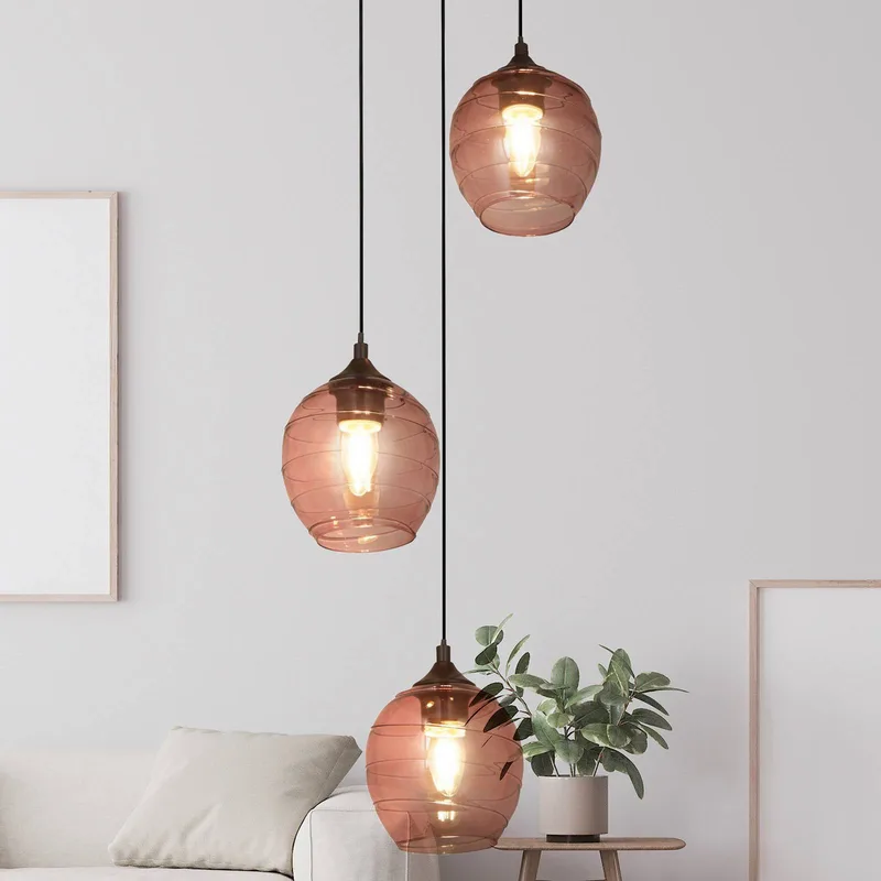 Hanglamp Ojay, pruim/zwart, glas, 3-lamps, E27 de Searchlight en Pruim, Noir – photo produit
