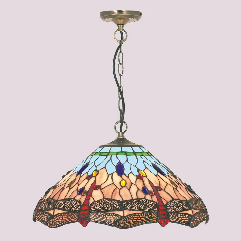Hängeleuchte Dragonfly im Tiffany-Stil von Searchlight in Oudmessing, Blau, Amber – Produktfoto