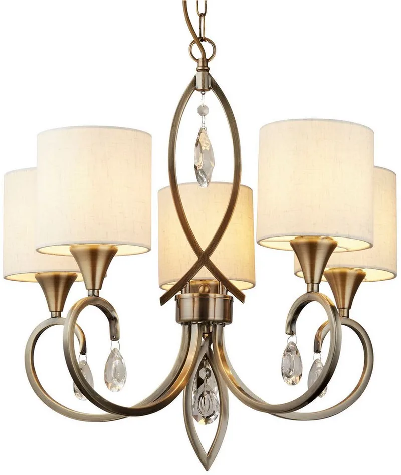 Kronleuchter Alberto 5Lt Pendant - Antique Brass, Crystal & Linen Shade, Leuchtmittel wechselbar von Searchlight in Gold – Produktfoto