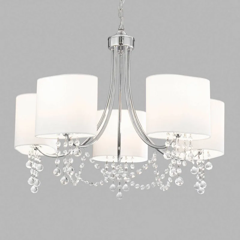Kroonluchter Nina, 5-lamps de Searchlight en Chrome, Blanc, Transparent – photo produit