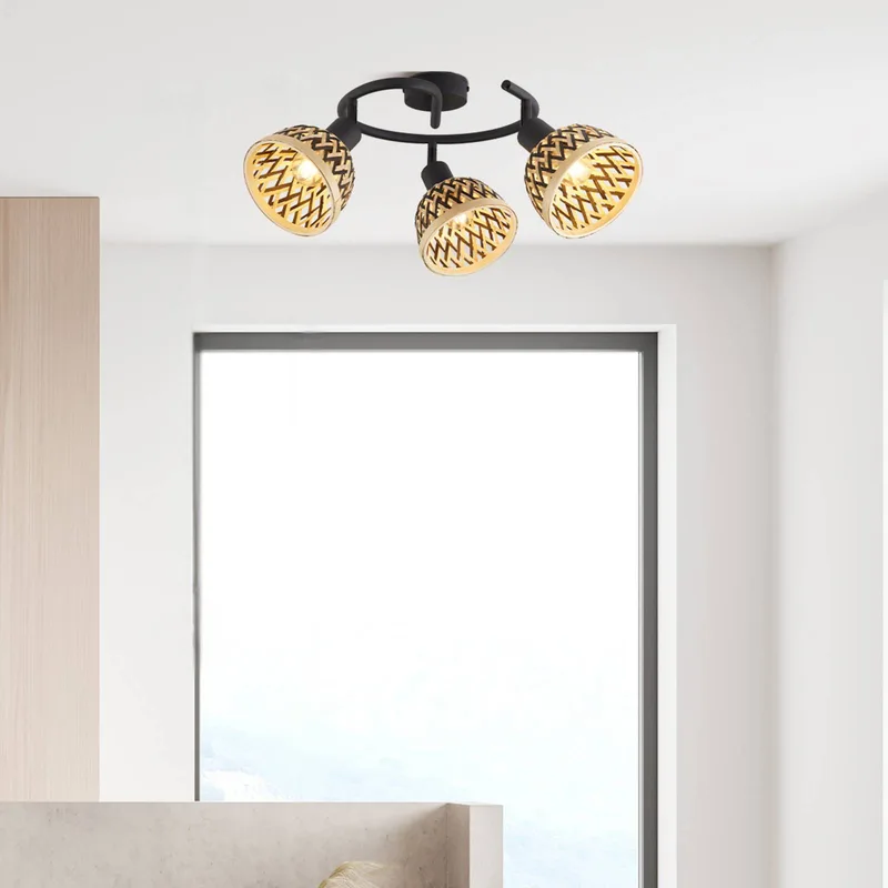 Lance plafondlamp, 3-lamps, bamboe van Searchlight in Zwart, Licht hout – productfoto
