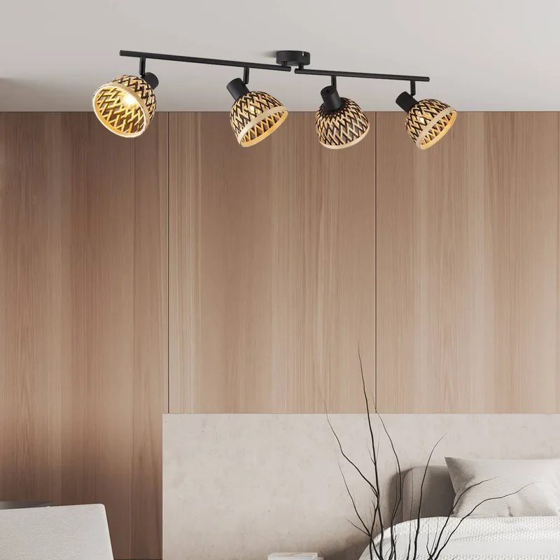 Lance plafondlamp, 4-lamps, bamboe de Searchlight en Noir, Licht hout – photo produit