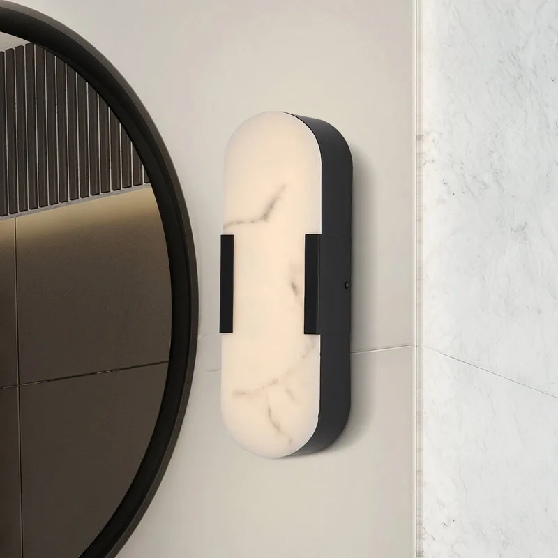 LED badkamer wandlamp Opaline, hoogte 35 cm, zwart, metaal/hars von Searchlight in Schwarz, Weiß – Produktfoto
