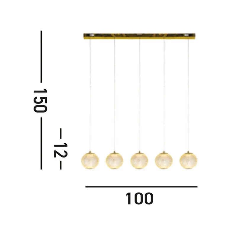 LED hanglamp Allure, 5-lamps, lang, messingkleurig, acryl von Searchlight in Messing, Transparent – Produktfoto