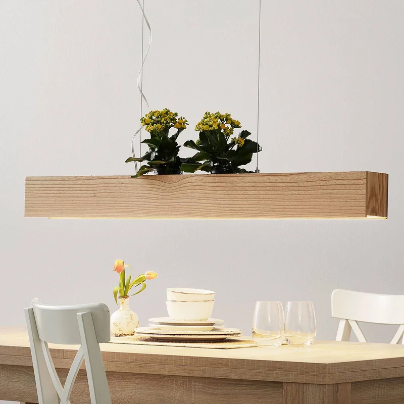 LED hanglamp Ash met kap van van Searchlight in Licht hout – productfoto