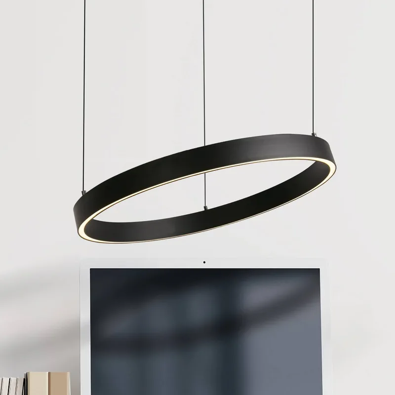LED hanglamp Layla, zwart, Ø 44 cm CCT, in hoogte verstelbaar von Searchlight in Schwarz, Opaal – Produktfoto