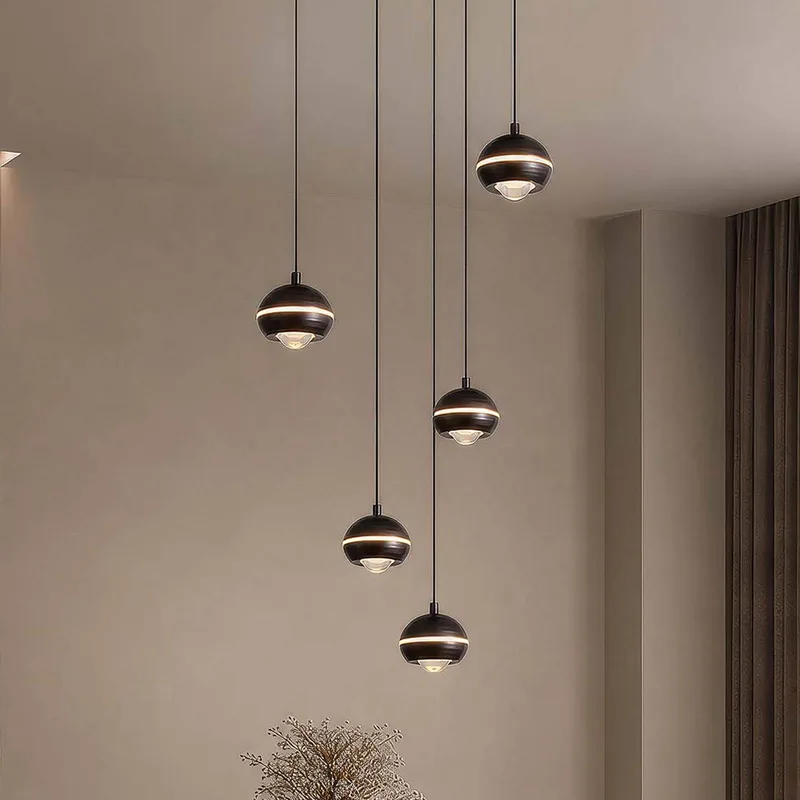 LED hanglamp Meteor 5-lamps, rond, CCT, nikkelzwart, metaal de Searchlight en Zwart-nikkel – photo produit