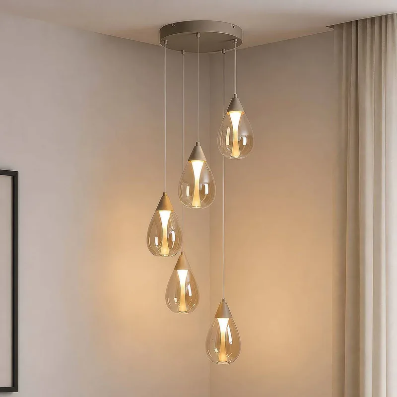 LED hanglamp Pear, 5-lamps, rond, beige, amberkleurig glas, 3.000 K von Searchlight in Beige, Amber – Produktfoto