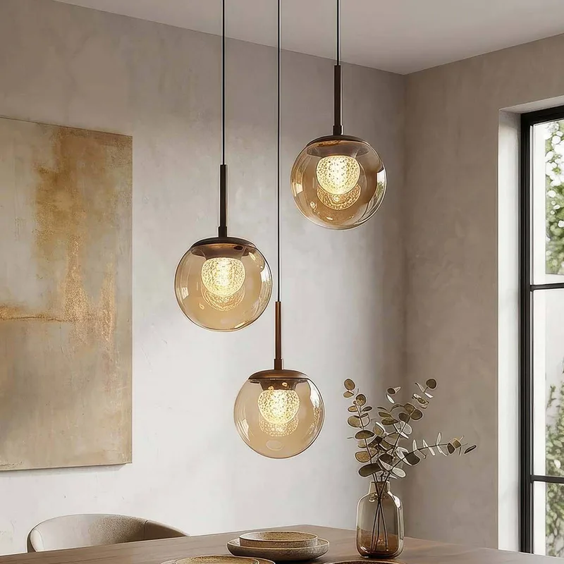 LED hanglamp Solis, 3-lamps, rond, brons, glas, 2.700 K von Searchlight in Bronze, Bruin getint – Produktfoto