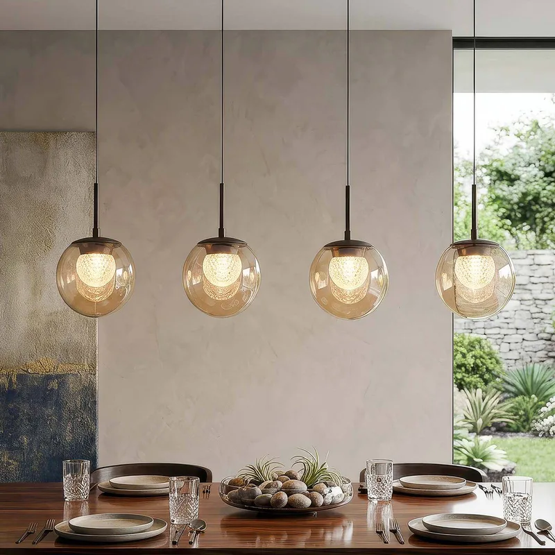 LED hanglamp Solis, 4-lamps, lang, brons, glas, 2.700 K von Searchlight in Bronze, Bruin getint – Produktfoto