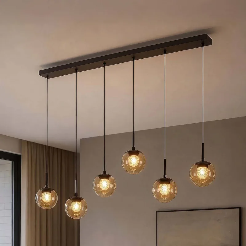 LED hanglamp Solis, 7-lamps, lang, brons, glas, 2.700 K fra Searchlight i Bronze, Bruin getint – produktbillede