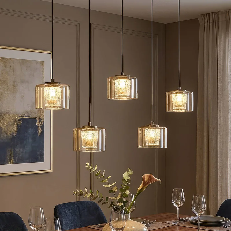 LED hanglamp Tumblers, 5-lamps, lang, brons, glas, 3.000 K von Searchlight in Bronze, Bruin getint – Produktfoto