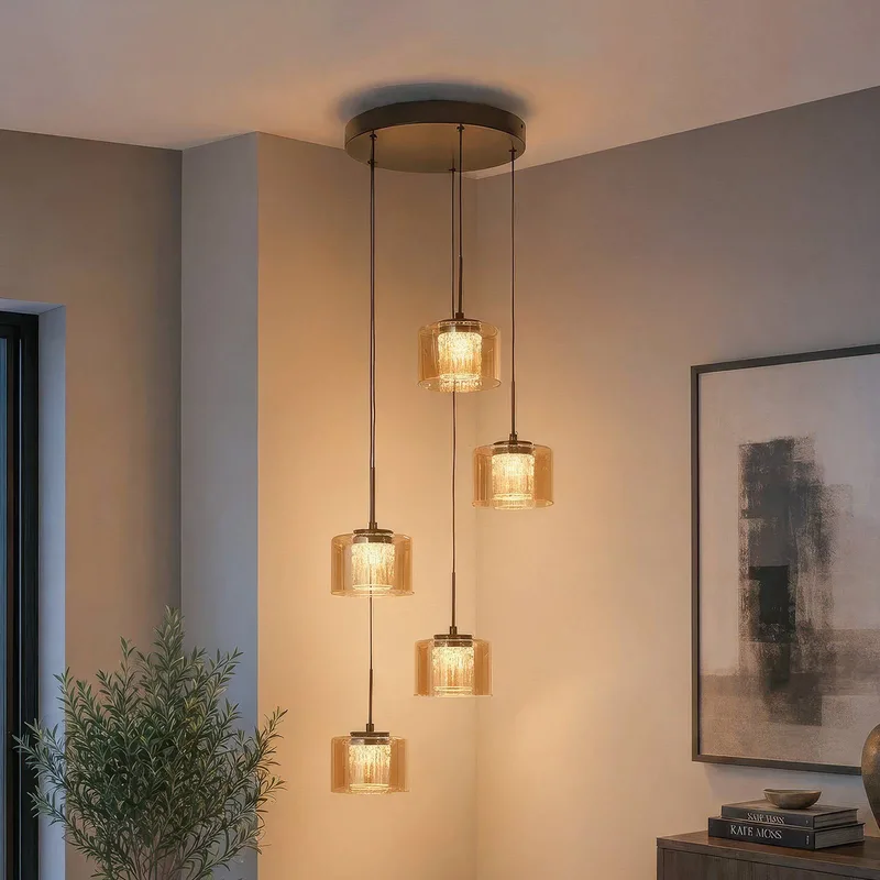LED hanglamp Tumblers, 5-lamps, rond, brons, glas, 3.000 K de Searchlight en Bronze, Bruin getint – photo produit