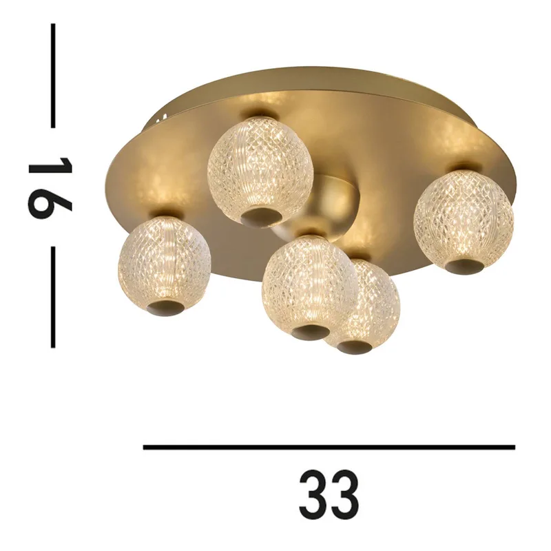 LED plafondlamp Asteroid, goud, Ø 33 cm staal/acryl 5-lamps versie fra Searchlight i Guld, Transparant-structuur – produktbillede