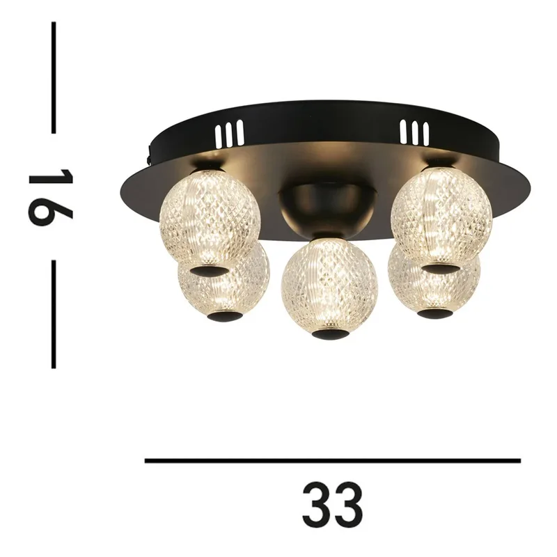 LED plafondlamp Asteroid, zwart Ø 33 cm staal/acryl 5-lamps. de Searchlight en Noir, Transparant-gestructureerd – photo produit