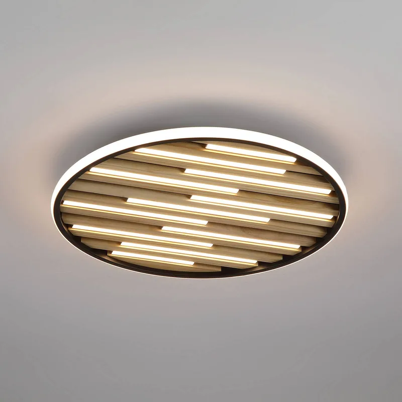 LED plafondlamp Equalise, Ø 49 cm, zwart/lichtbruin, metaal de Searchlight en Zwart mat, Licht hout – photo produit