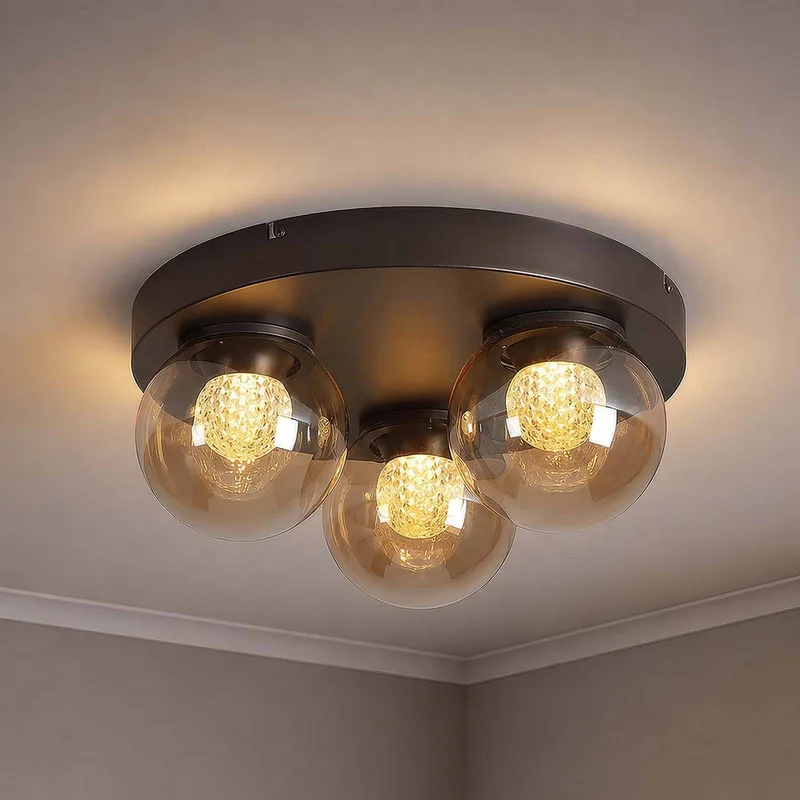 LED plafondlamp Solis, 3-lamps, rond, brons, glas, 2.700 K de Searchlight en Bronze, Bruin getint – photo produit
