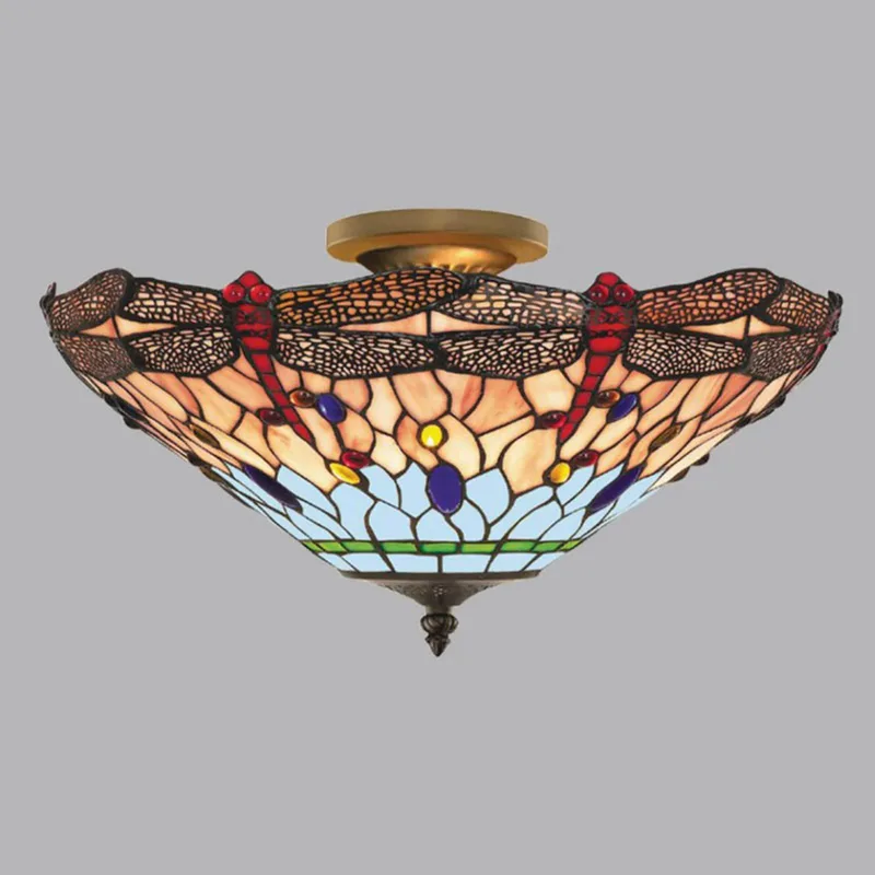 Libelle plafondlamp in Tiffany stijl de Searchlight en Antiek messing, Bleu, Barnsteen – photo produit