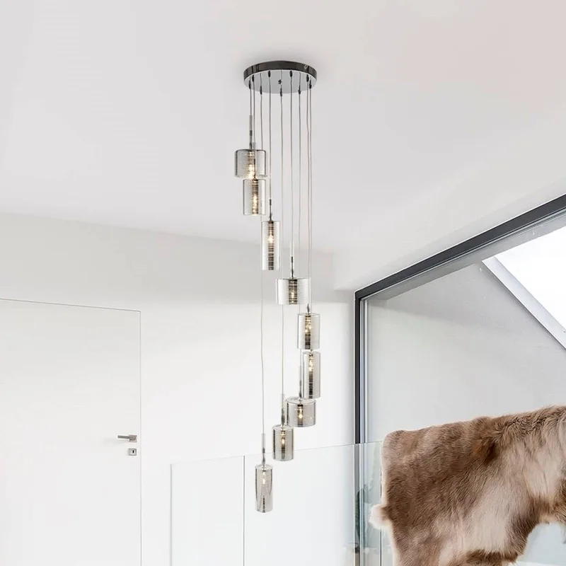 Linnen hanglamp, 9-lamps, chroom/rookkleurig, glas, G4 de Searchlight en Chrome, Rookgrijs – photo produit