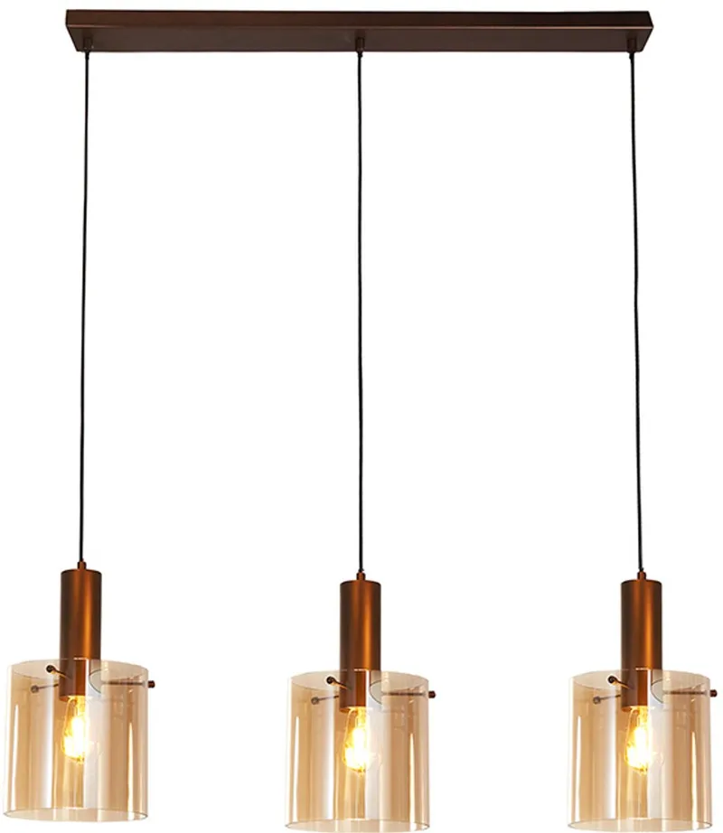 Moderne Hanglamp E27 Lund 3 Lichtpunten Rechthoek Glas Eetkamer Keuken Dimbaar van Searchlight in Amber, Koffie – productfoto