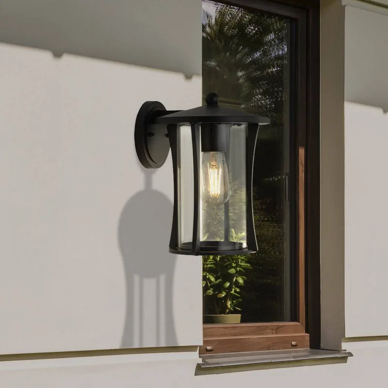 Pagoda buitenwandlamp, IP44, zwart, metaal, E27 fra Searchlight i Sort, Helder – produktbillede