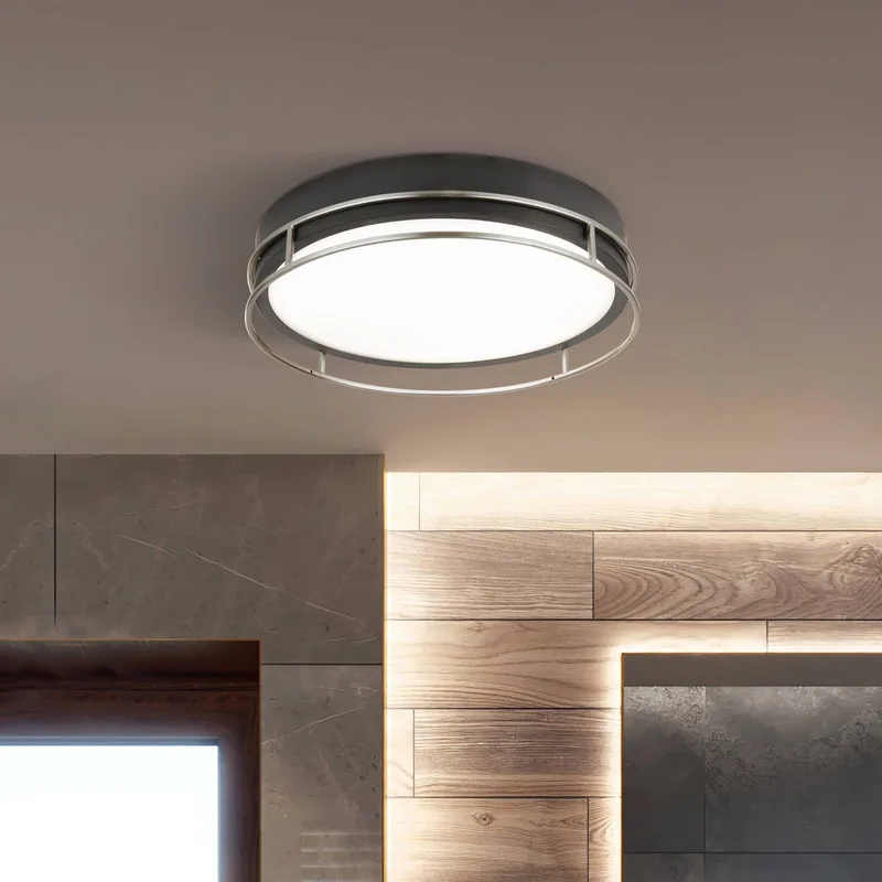 Phoenix plafondlamp, Ø 30 cm, zwart / chroom, IP44 de Searchlight en Noir, Chrome, Blanc – photo produit