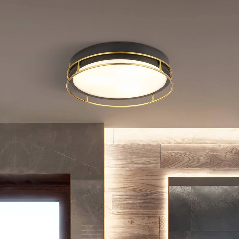 Phoenix plafondlamp, Ø 30 cm, zwart/messing, IP44 de Searchlight en Noir, Laiton, Blanc – photo produit