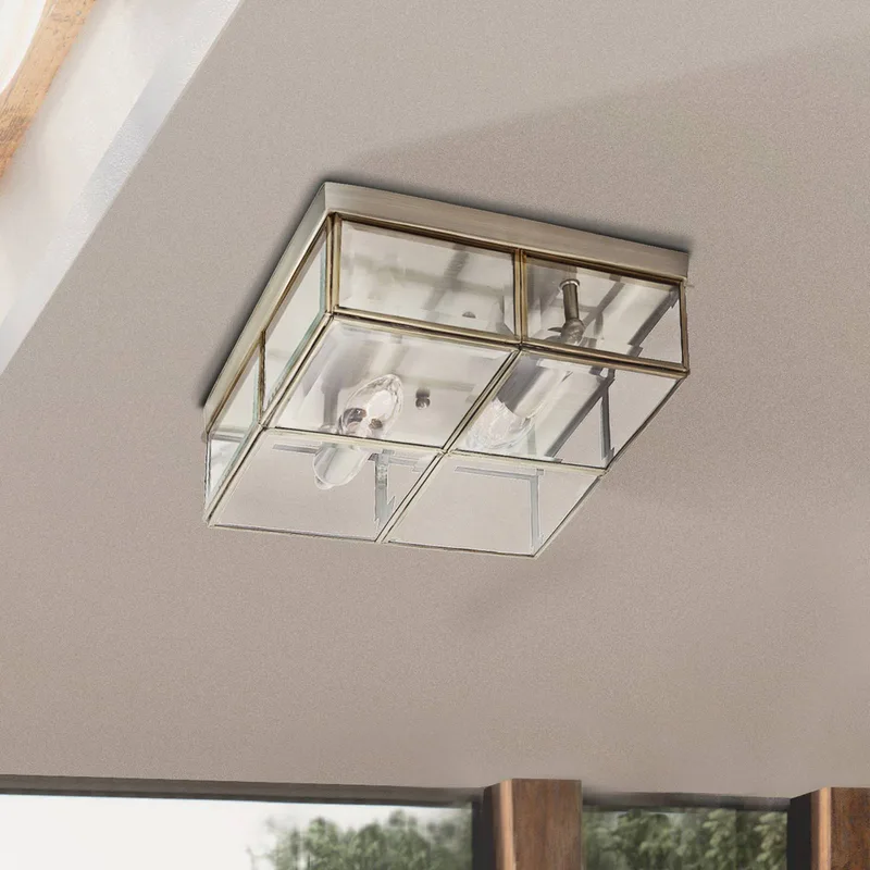 Plafondlamp Flush Klassik, 25x25cm, messing antiek de Searchlight en Antiek-messing, Transparent – photo produit