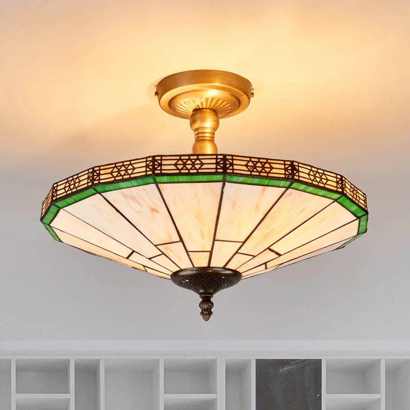 New York loftlampe i Tiffany-stil fra Searchlight i Oudmessing, Creme, Grøn – produktbillede