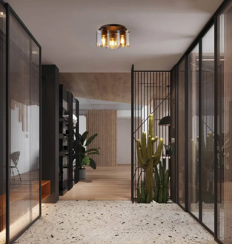Plafondlamp Zweden, 3-lamps, mokka/amber, staal, glas, E27 van Searchlight in Mokka, Amber – productfoto