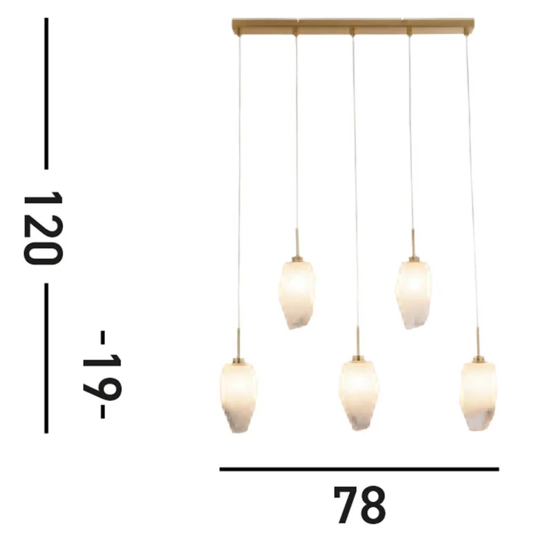 Rocky hanglamp, 5-lamps, lang, messingkleurig, staal, glas de Searchlight en Messingkleurige satijnen afwerking, Blanc – photo produit