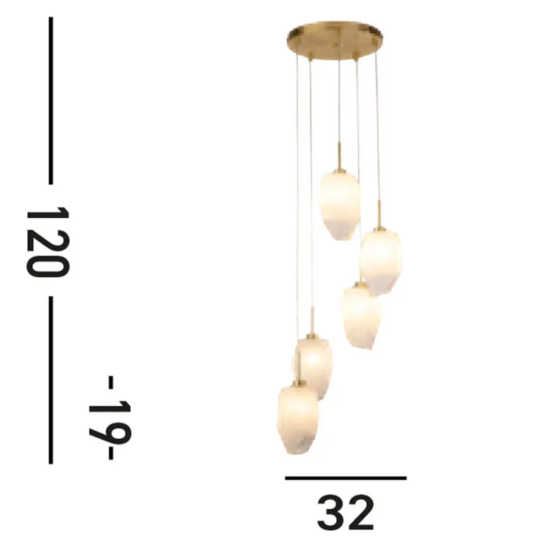 Rocky hanglamp, 5-lamps, rond, messingkleurig, staal, glas von Searchlight in Messingkleurige satijnen afwerking, Weiß – Produktfoto