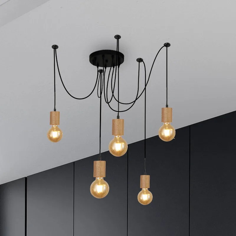 Spinny hanglamp, spin, Ø 28 cm, 5-lamps, rubberhout, E27 de Searchlight en Noir, Licht hout – photo produit