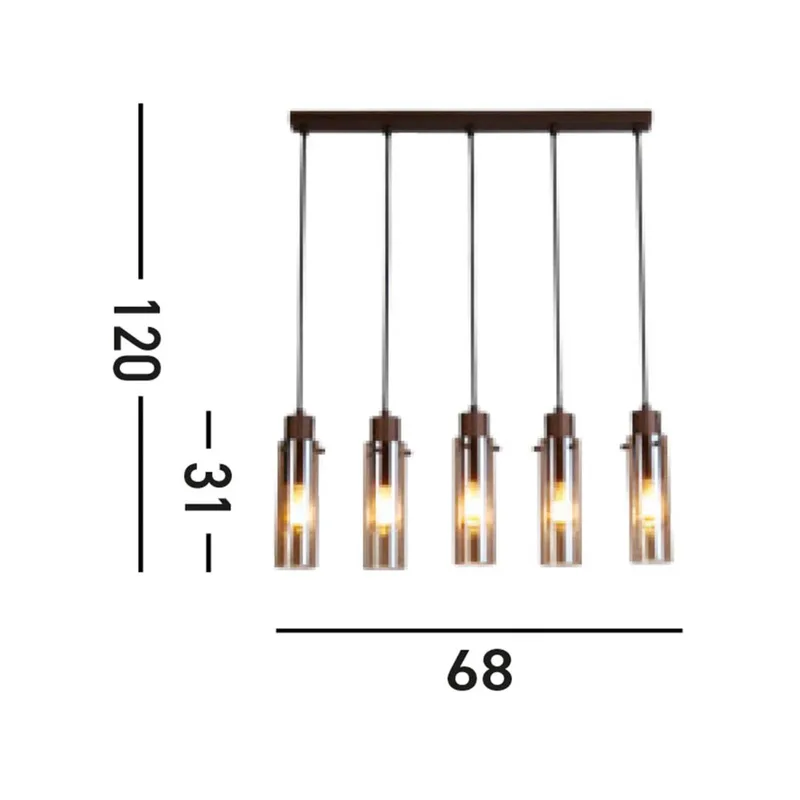 Sweden II hanglamp, 5-lamps, lang, staal, glas, E27 van Searchlight in Mokka, Amber – productfoto